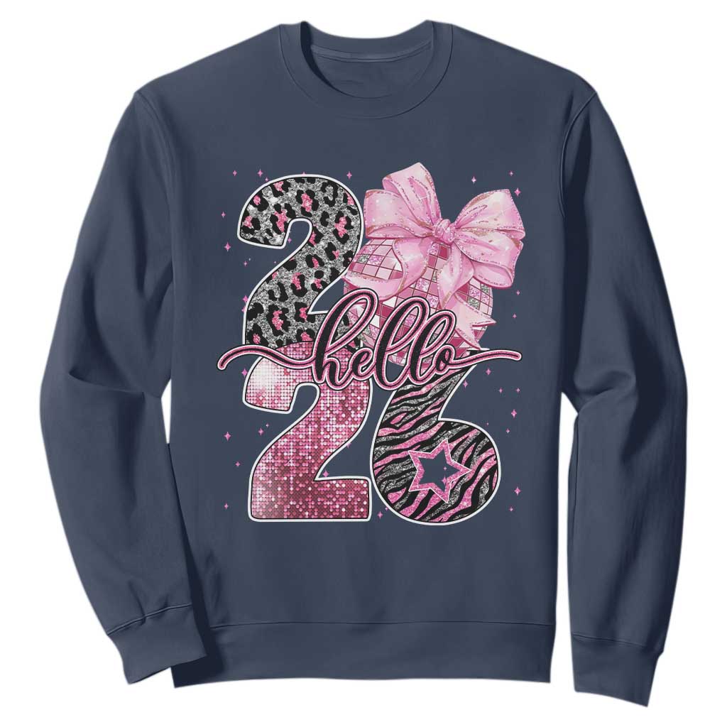 Happy New Year 2026 Sweatshirt Hello 2026 Disco Ball Pink Coquette Bow Faux Glitter TS11 Navy Print Your Wear