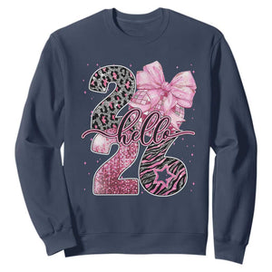 Happy New Year 2026 Sweatshirt Hello 2026 Disco Ball Pink Coquette Bow Faux Glitter TS11 Navy Print Your Wear