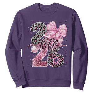 Happy New Year 2026 Sweatshirt Hello 2026 Disco Ball Pink Coquette Bow Faux Glitter TS11 Purple Print Your Wear