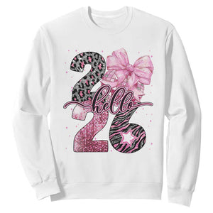 Happy New Year 2026 Sweatshirt Hello 2026 Disco Ball Pink Coquette Bow Faux Glitter TS11 White Print Your Wear