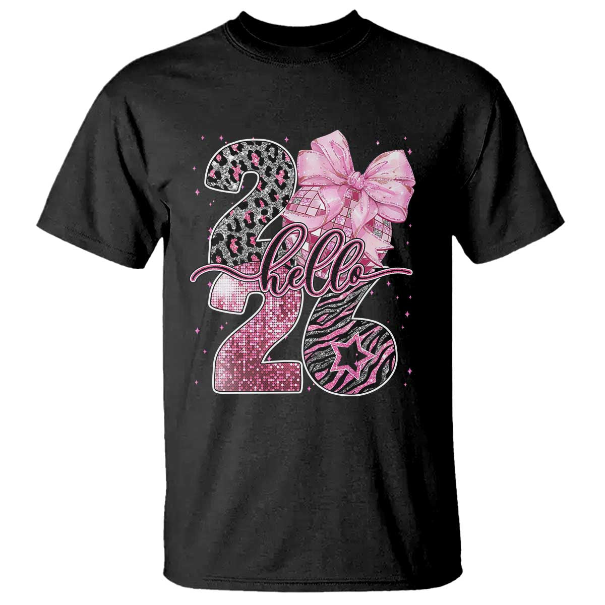Happy New Year 2026 T Shirt Hello 2026 Disco Ball Pink Coquette Bow Faux Glitter TS11 Black Print Your Wear