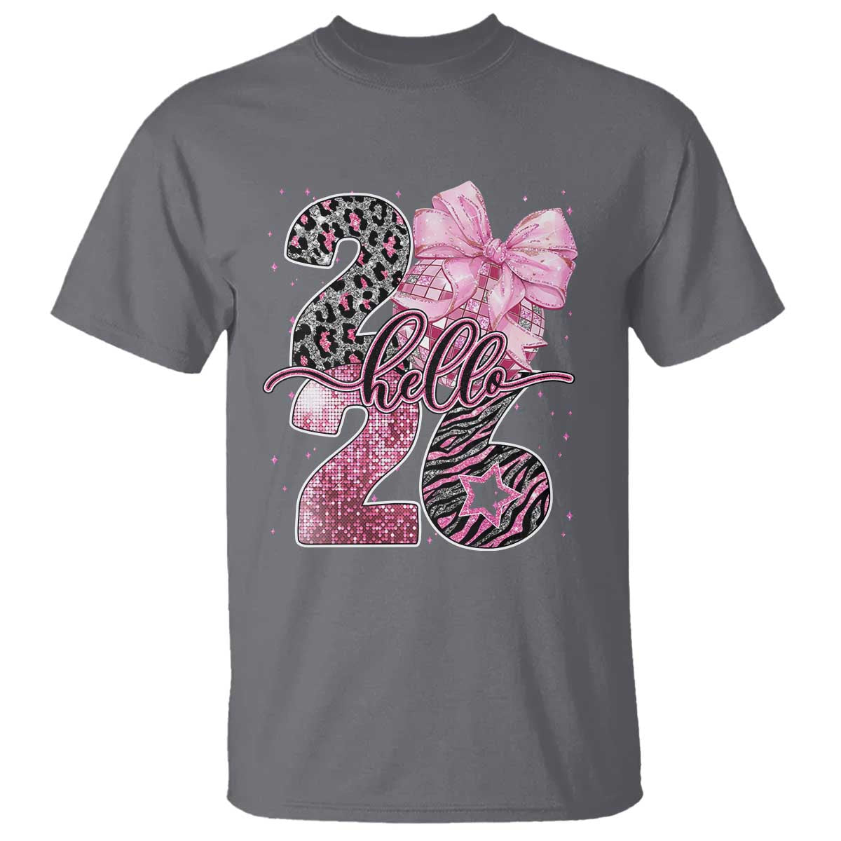 Happy New Year 2026 T Shirt Hello 2026 Disco Ball Pink Coquette Bow Faux Glitter TS11 Charcoal Print Your Wear