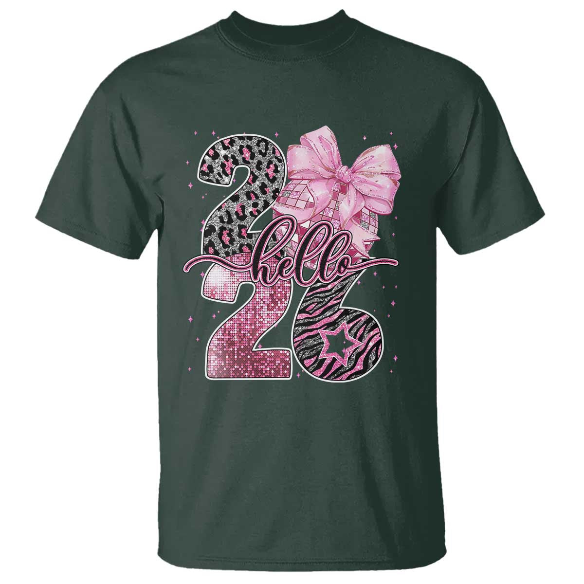 Happy New Year 2026 T Shirt Hello 2026 Disco Ball Pink Coquette Bow Faux Glitter TS11 Dark Forest Green Print Your Wear