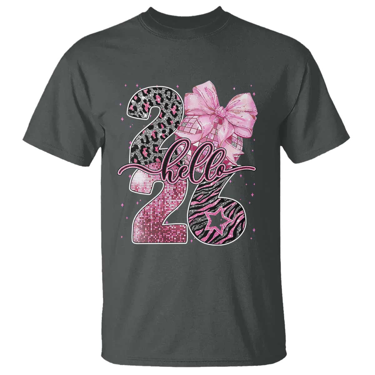Happy New Year 2026 T Shirt Hello 2026 Disco Ball Pink Coquette Bow Faux Glitter TS11 Dark Heather Print Your Wear