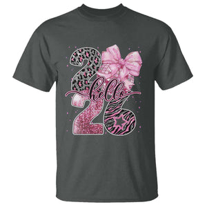 Happy New Year 2026 T Shirt Hello 2026 Disco Ball Pink Coquette Bow Faux Glitter TS11 Dark Heather Print Your Wear