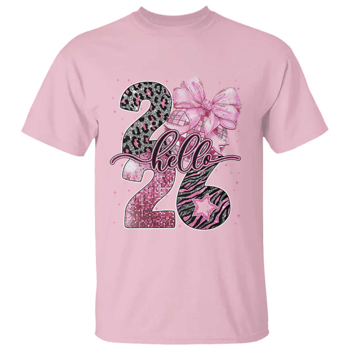 Happy New Year 2026 T Shirt Hello 2026 Disco Ball Pink Coquette Bow Faux Glitter TS11 Light Pink Print Your Wear