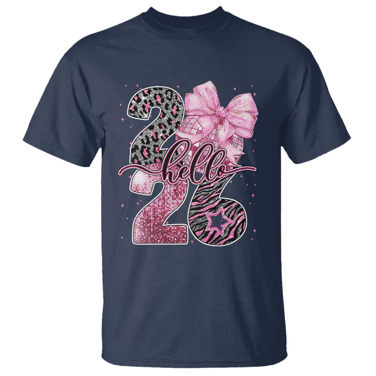 Happy New Year 2026 T Shirt Hello 2026 Disco Ball Pink Coquette Bow Faux Glitter TS11 Navy Print Your Wear