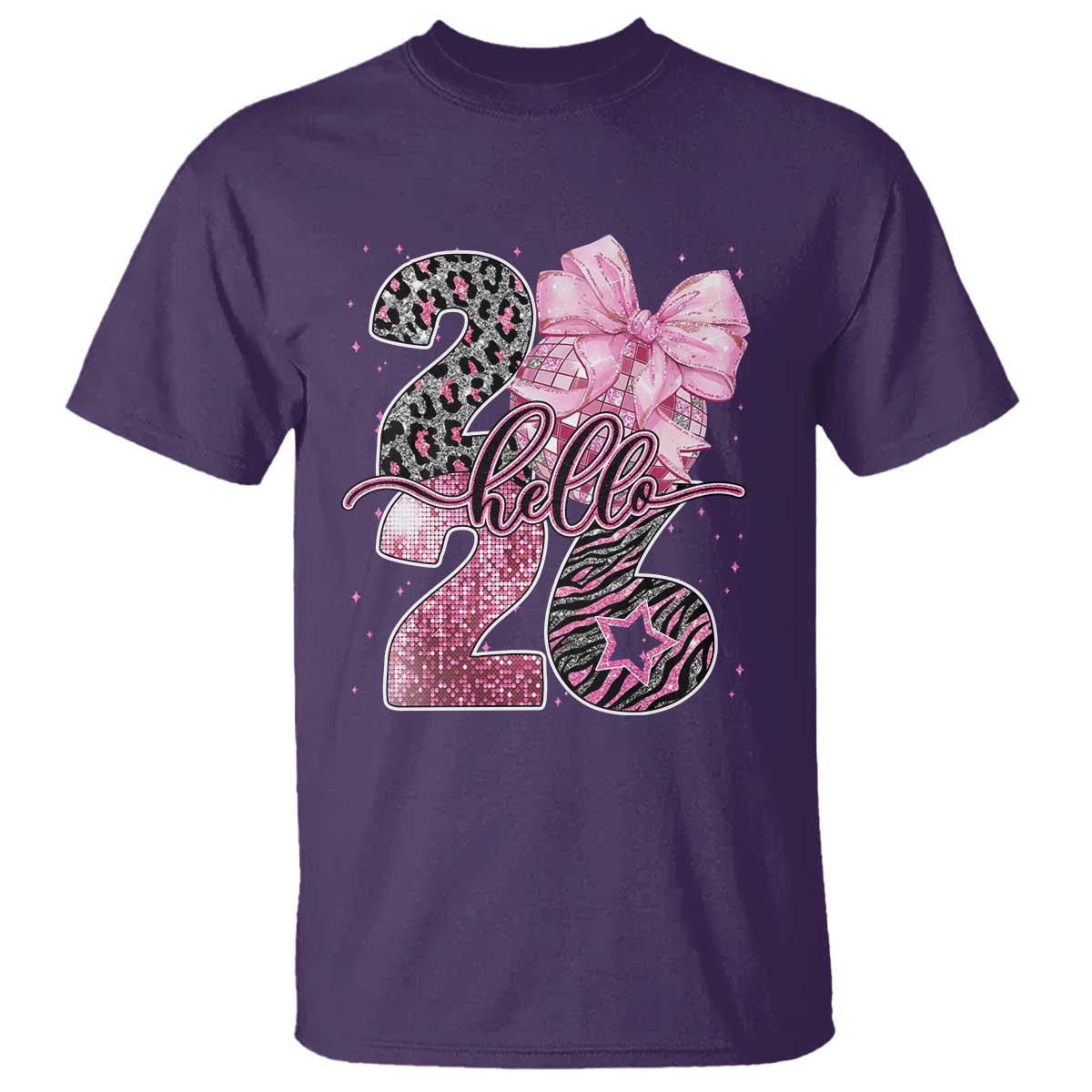 Happy New Year 2026 T Shirt Hello 2026 Disco Ball Pink Coquette Bow Faux Glitter TS11 Purple Print Your Wear