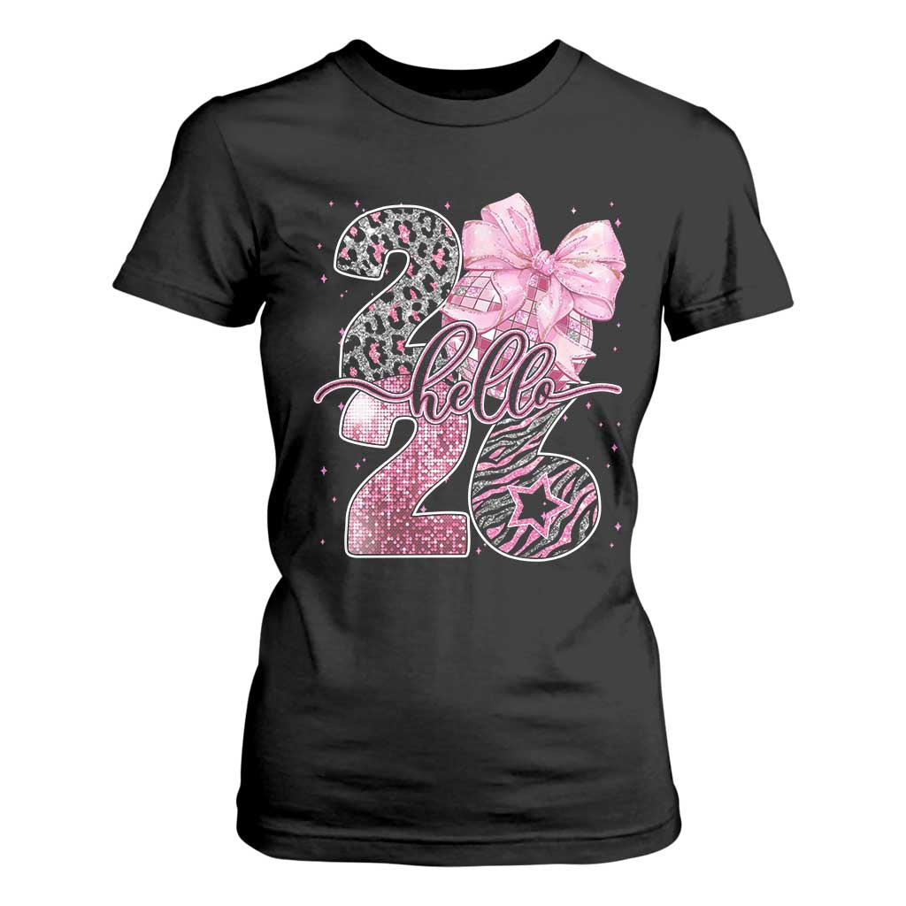 Happy New Year 2026 T Shirt For Women Hello 2026 Disco Ball Pink Coquette Bow Faux Glitter TS11 Black Print Your Wear