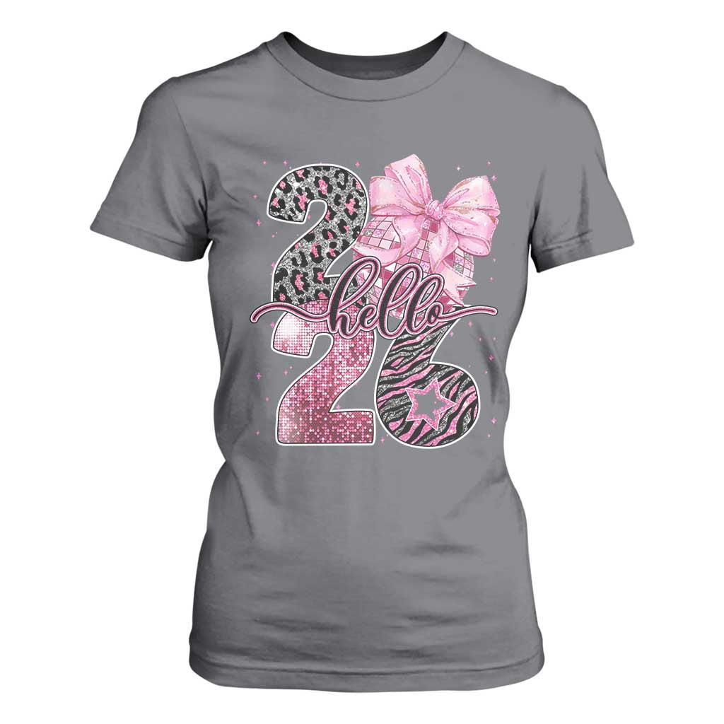 Happy New Year 2026 T Shirt For Women Hello 2026 Disco Ball Pink Coquette Bow Faux Glitter TS11 Charcoal Print Your Wear