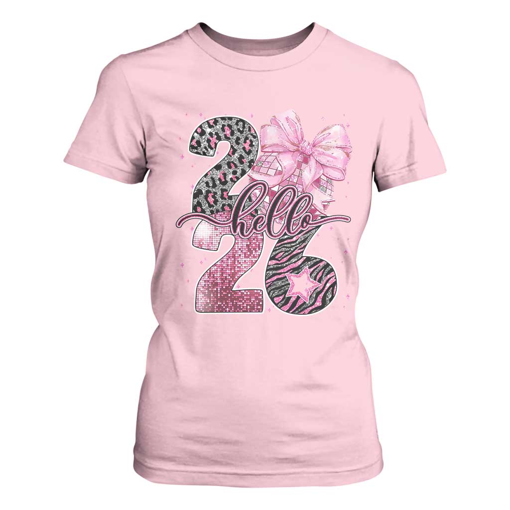 Happy New Year 2026 T Shirt For Women Hello 2026 Disco Ball Pink Coquette Bow Faux Glitter TS11 Light Pink Print Your Wear