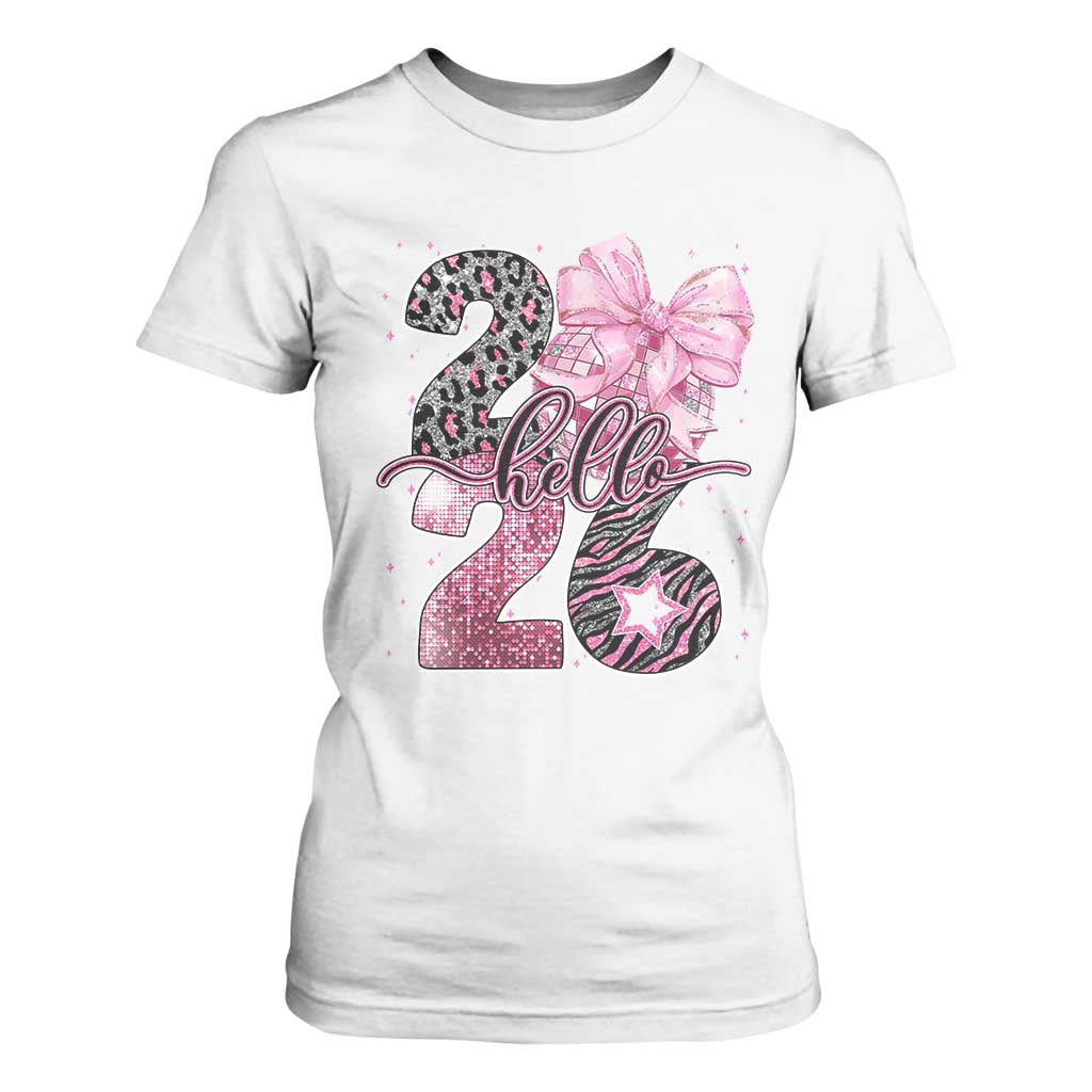 Happy New Year 2026 T Shirt For Women Hello 2026 Disco Ball Pink Coquette Bow Faux Glitter TS11 White Print Your Wear
