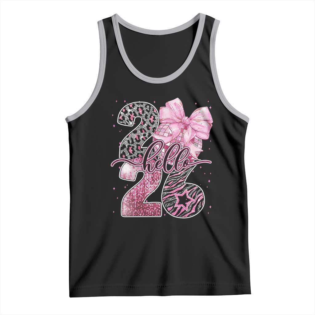 Happy New Year 2026 Tank Top Hello 2026 Disco Ball Pink Coquette Bow Faux Glitter TS11 Black Athletic Heather Print Your Wear