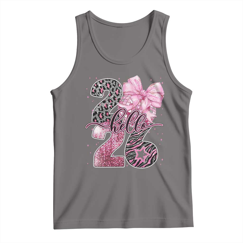 Happy New Year 2026 Tank Top Hello 2026 Disco Ball Pink Coquette Bow Faux Glitter TS11 Deep Heather Print Your Wear