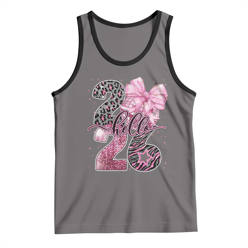 Happy New Year 2026 Tank Top Hello 2026 Disco Ball Pink Coquette Bow Faux Glitter TS11 Deep Heather Black Print Your Wear