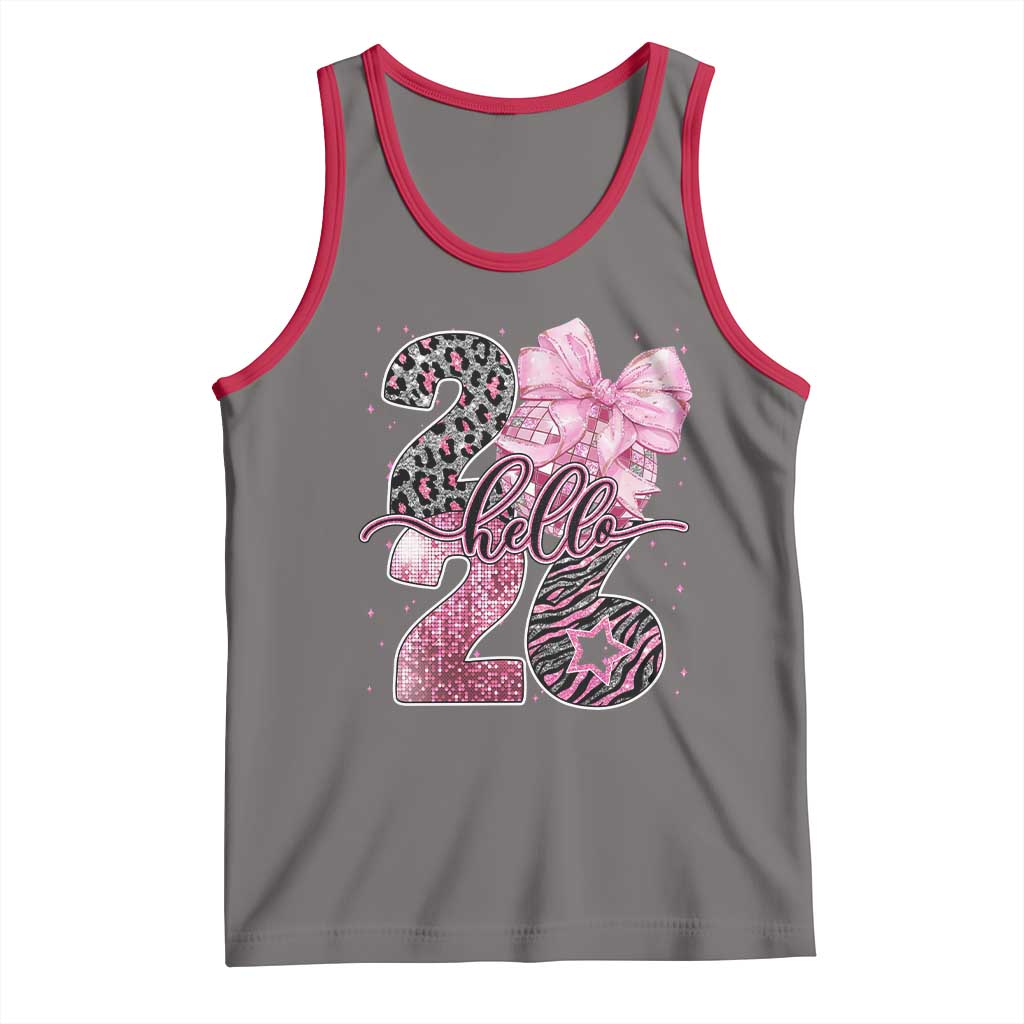 Happy New Year 2026 Tank Top Hello 2026 Disco Ball Pink Coquette Bow Faux Glitter TS11 Deep Heather Red Print Your Wear