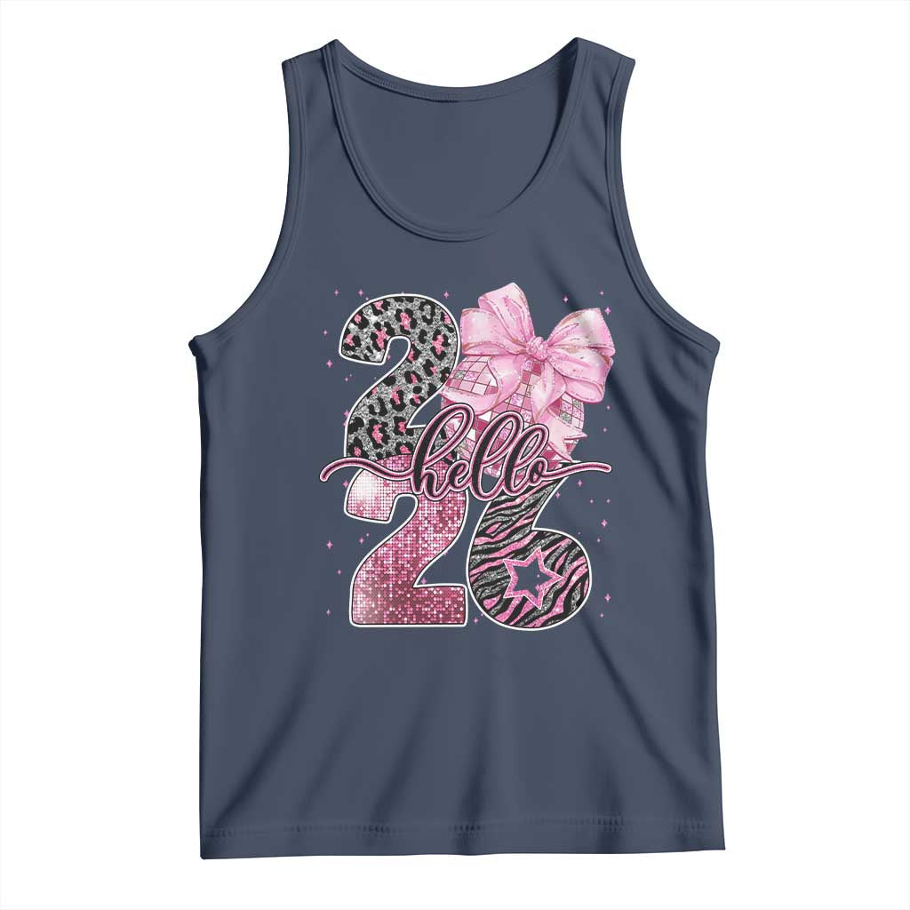 Happy New Year 2026 Tank Top Hello 2026 Disco Ball Pink Coquette Bow Faux Glitter TS11 Navy Print Your Wear