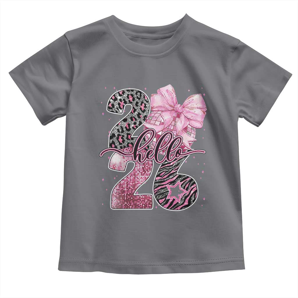 Happy New Year 2026 Toddler T Shirt Hello 2026 Disco Ball Pink Coquette Bow Faux Glitter TS11 Charcoal Print Your Wear