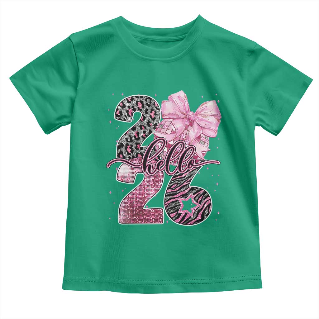 Happy New Year 2026 Toddler T Shirt Hello 2026 Disco Ball Pink Coquette Bow Faux Glitter TS11 Irish Green Print Your Wear