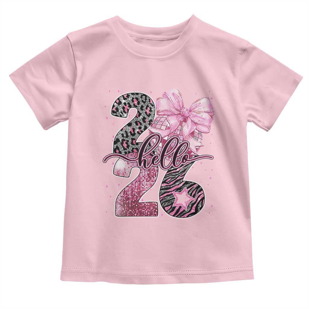 Happy New Year 2026 Toddler T Shirt Hello 2026 Disco Ball Pink Coquette Bow Faux Glitter TS11 Light Pink Print Your Wear