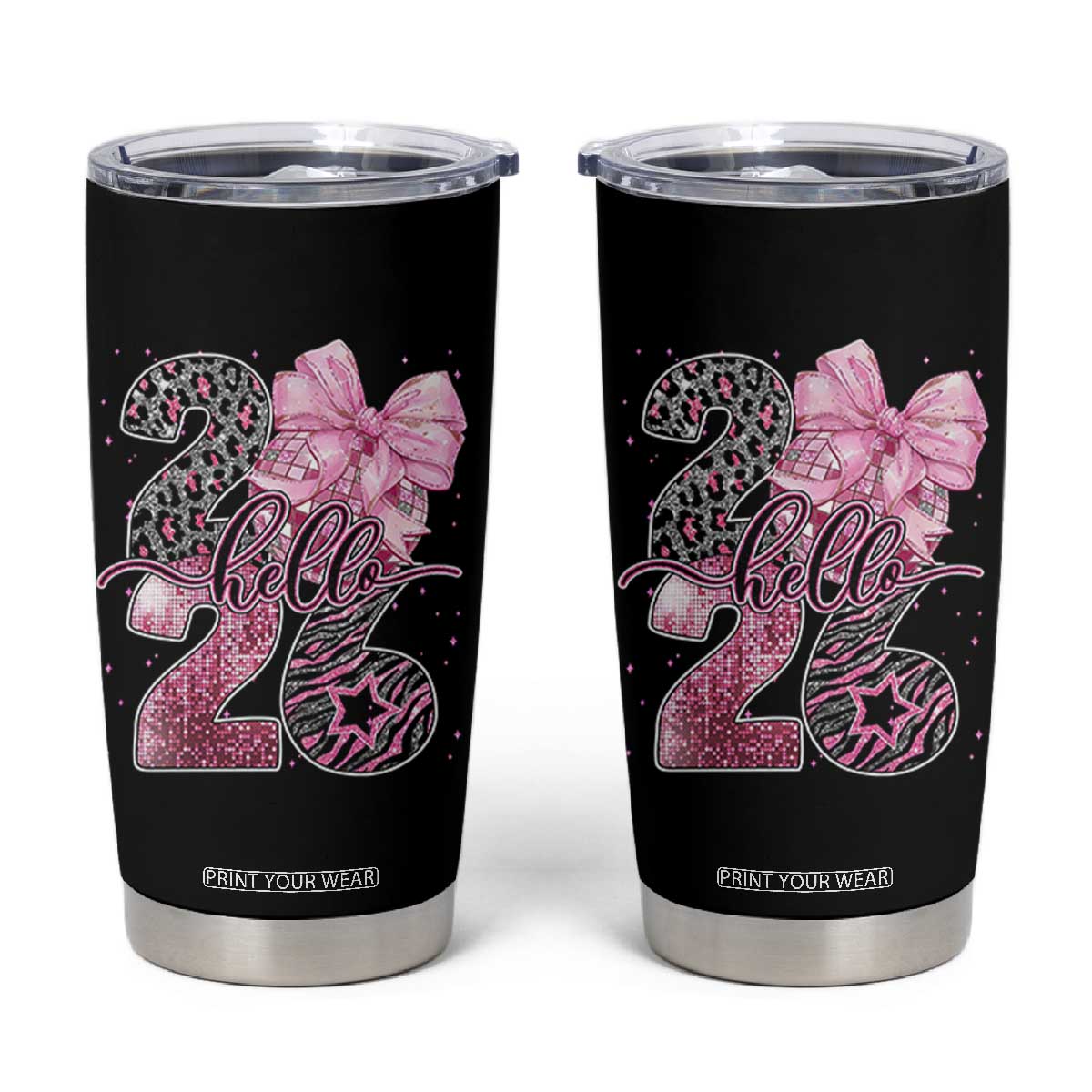Happy New Year 2026 Tumbler Cup Hello 2026 Disco Ball Pink Coquette Bow Faux Glitter TS11 Black Print Your Wear