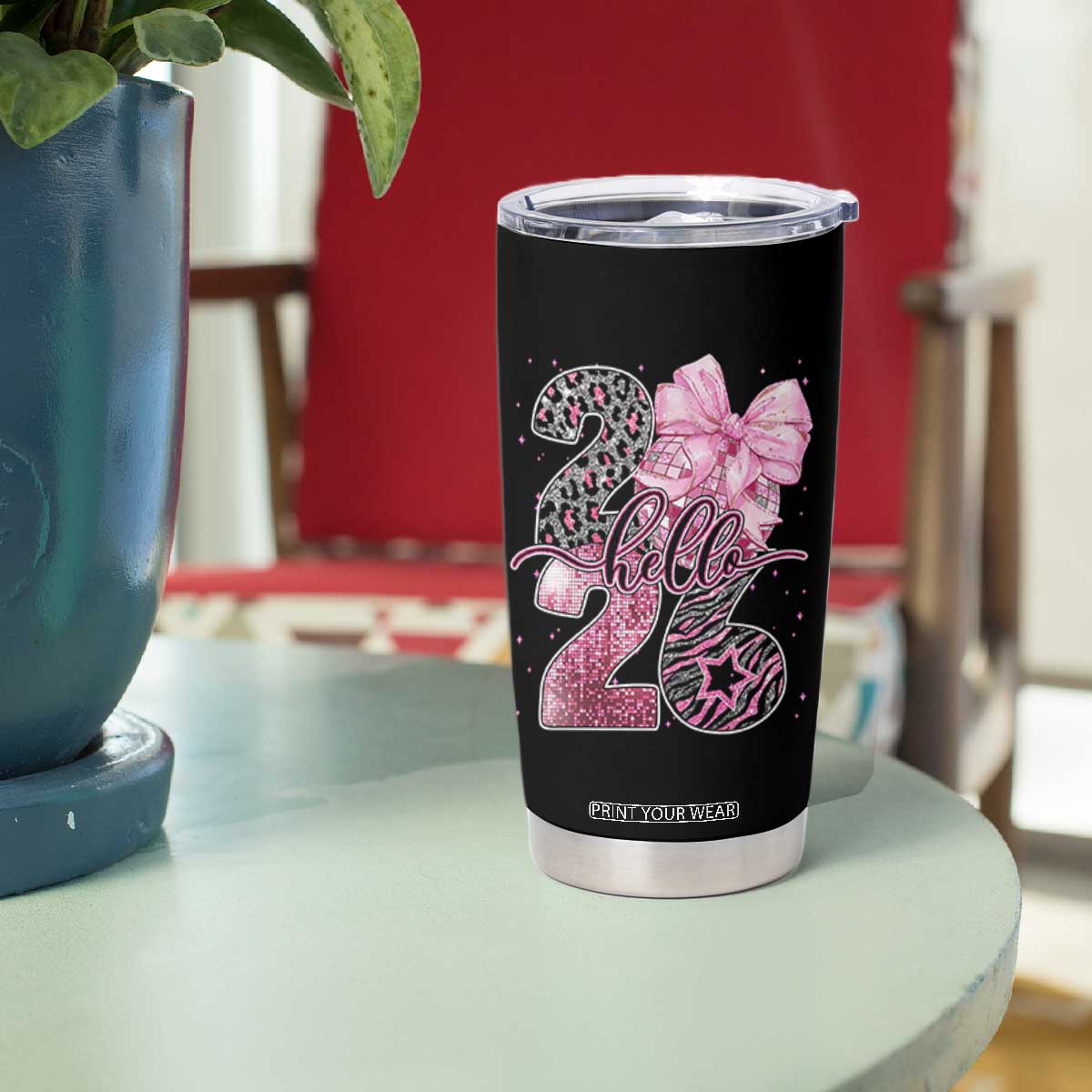 Happy New Year 2026 Tumbler Cup Hello 2026 Disco Ball Pink Coquette Bow Faux Glitter TS11 Print Your Wear