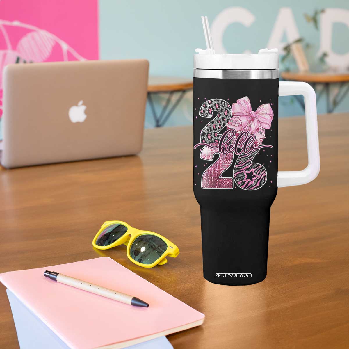 Happy New Year 2026 Tumbler With Handle Hello 2026 Disco Ball Pink Coquette Bow Faux Glitter TS11 Print Your Wear