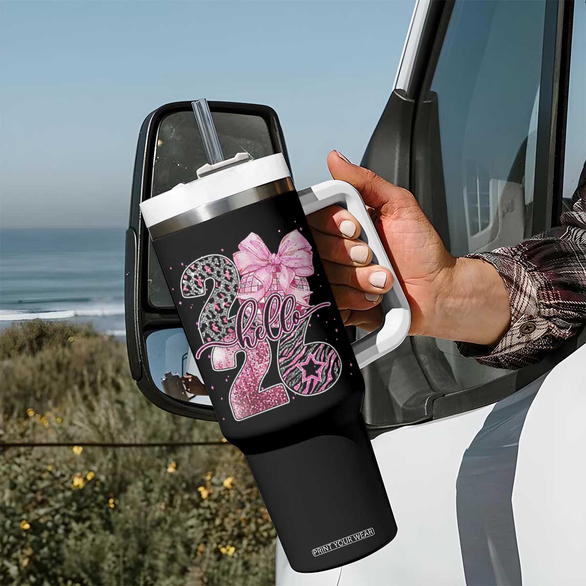 Happy New Year 2026 Tumbler With Handle Hello 2026 Disco Ball Pink Coquette Bow Faux Glitter TS11 Print Your Wear