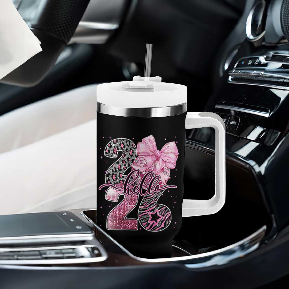 Happy New Year 2026 Tumbler With Handle Hello 2026 Disco Ball Pink Coquette Bow Faux Glitter TS11 Print Your Wear