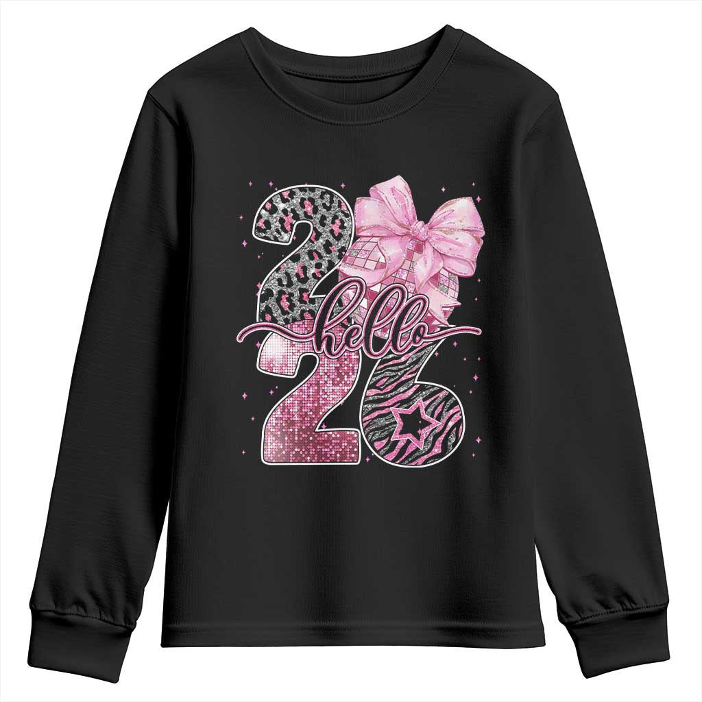 Happy New Year 2026 Youth Sweatshirt Hello 2026 Disco Ball Pink Coquette Bow Faux Glitter TS11 Black Print Your Wear