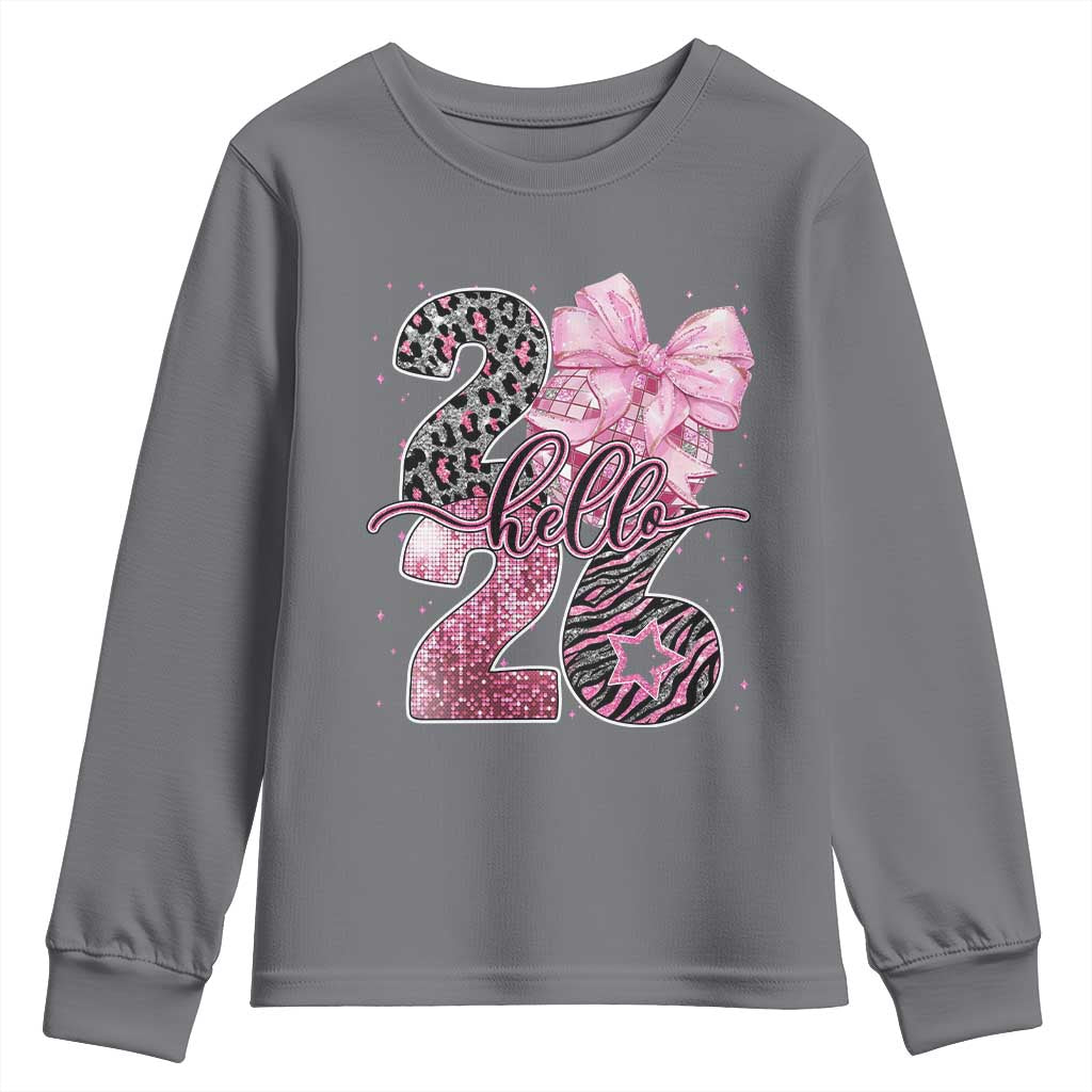 Happy New Year 2026 Youth Sweatshirt Hello 2026 Disco Ball Pink Coquette Bow Faux Glitter TS11 Charcoal Print Your Wear