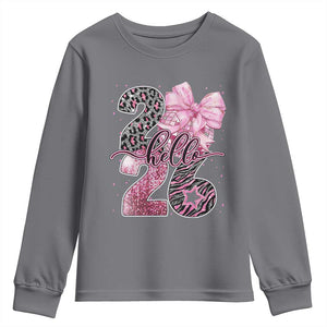 Happy New Year 2026 Youth Sweatshirt Hello 2026 Disco Ball Pink Coquette Bow Faux Glitter TS11 Charcoal Print Your Wear