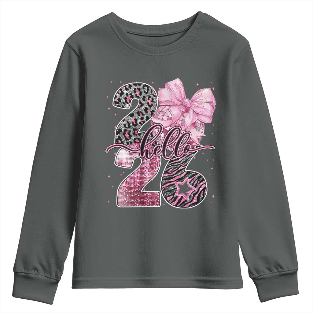 Happy New Year 2026 Youth Sweatshirt Hello 2026 Disco Ball Pink Coquette Bow Faux Glitter TS11 Dark Heather Print Your Wear