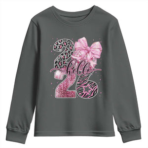 Happy New Year 2026 Youth Sweatshirt Hello 2026 Disco Ball Pink Coquette Bow Faux Glitter TS11 Dark Heather Print Your Wear