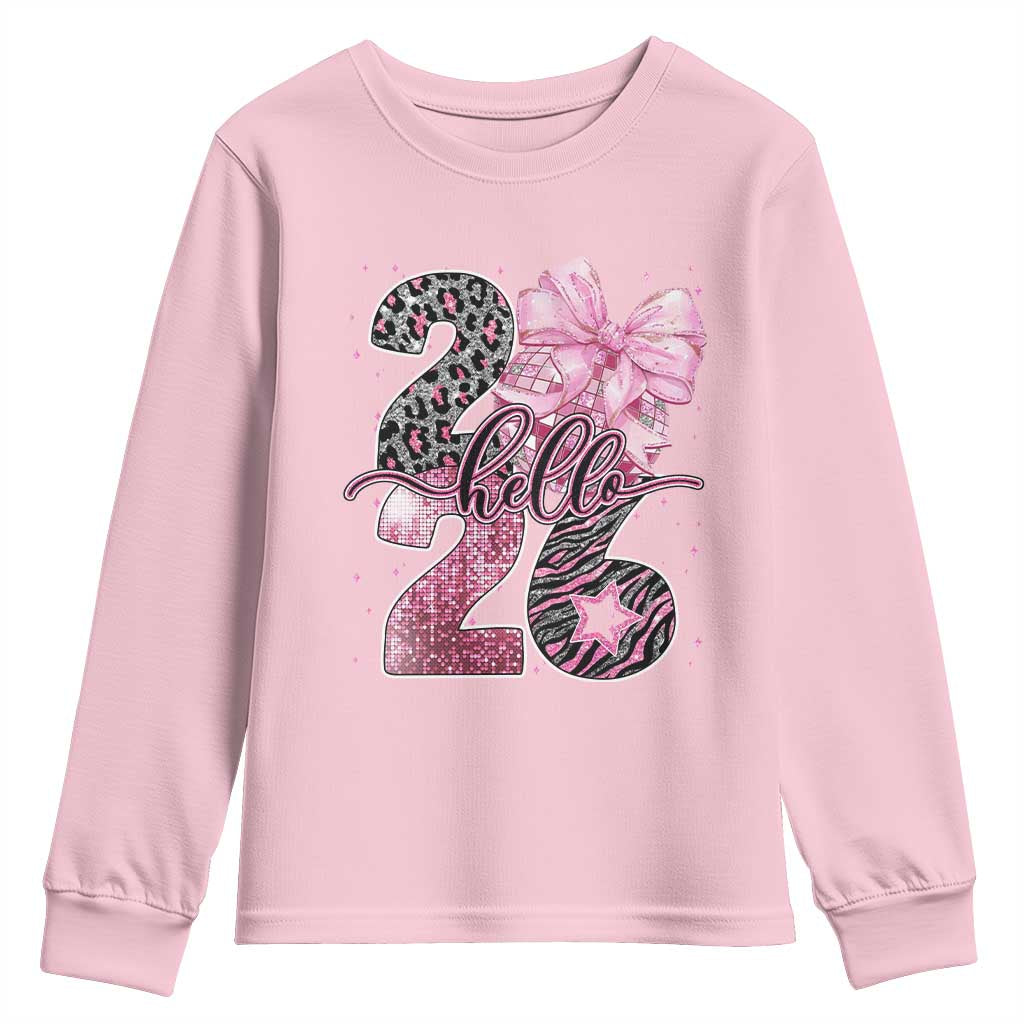 Happy New Year 2026 Youth Sweatshirt Hello 2026 Disco Ball Pink Coquette Bow Faux Glitter TS11 Light Pink Print Your Wear