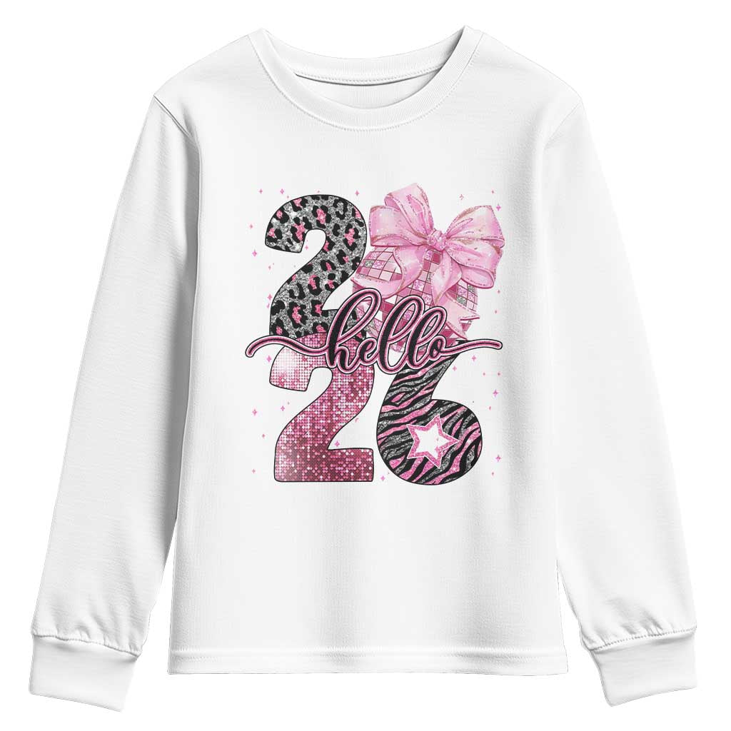 Happy New Year 2026 Youth Sweatshirt Hello 2026 Disco Ball Pink Coquette Bow Faux Glitter TS11 White Print Your Wear