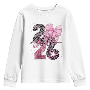 Happy New Year 2026 Youth Sweatshirt Hello 2026 Disco Ball Pink Coquette Bow Faux Glitter TS11 White Print Your Wear