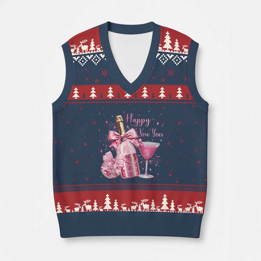 Happy New Year 2026 New Years Eve Party V-Neck Knit Sweater Vest Pink Cocktail Disco Ball TS11 Navy Red Print Your Wear