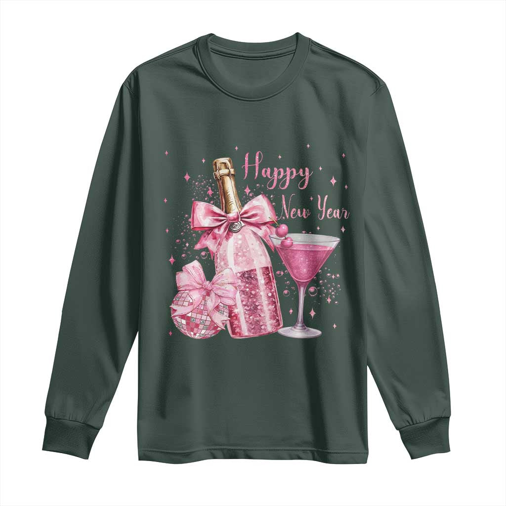 Happy New Year 2026 New Years Eve Party Long Sleeve Shirt Pink Cocktail Disco Ball TS11 Dark Forest Green Print Your Wear