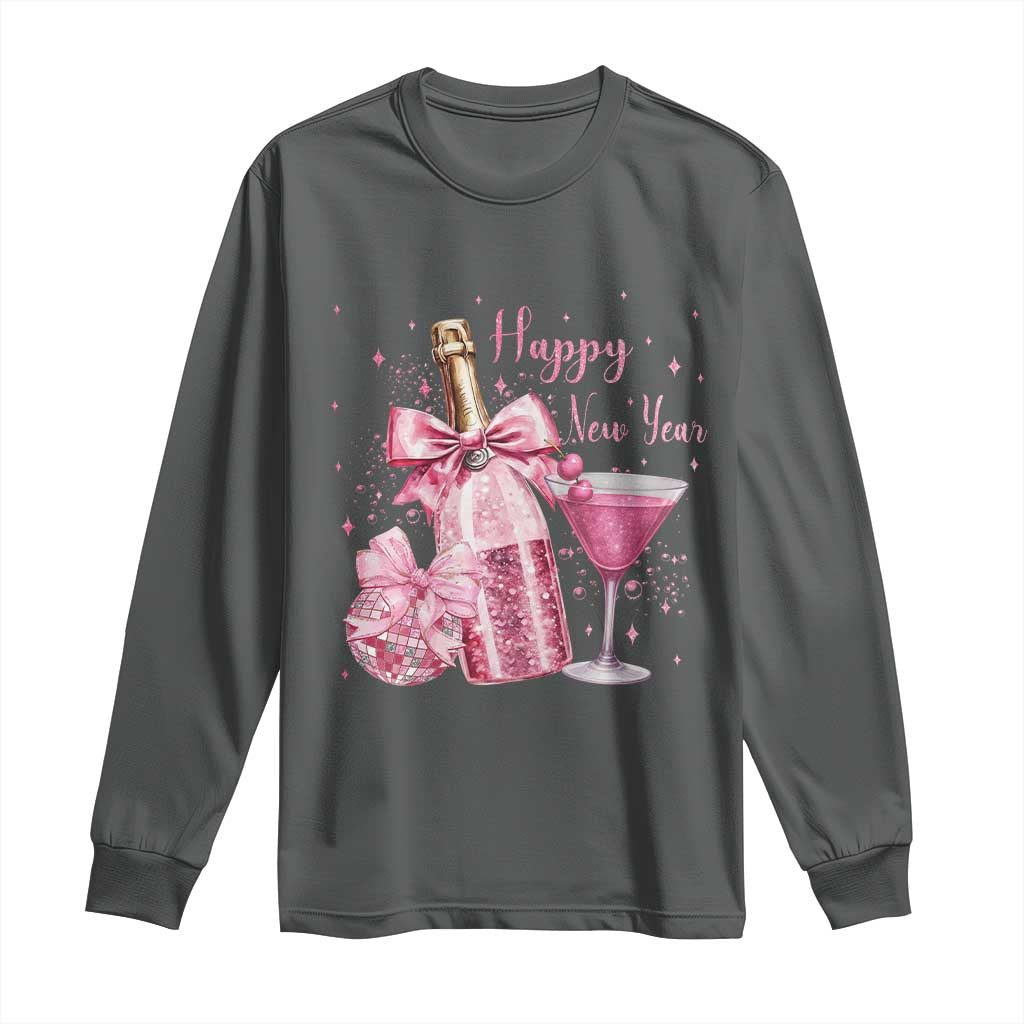 Happy New Year 2026 New Years Eve Party Long Sleeve Shirt Pink Cocktail Disco Ball TS11 Dark Heather Print Your Wear