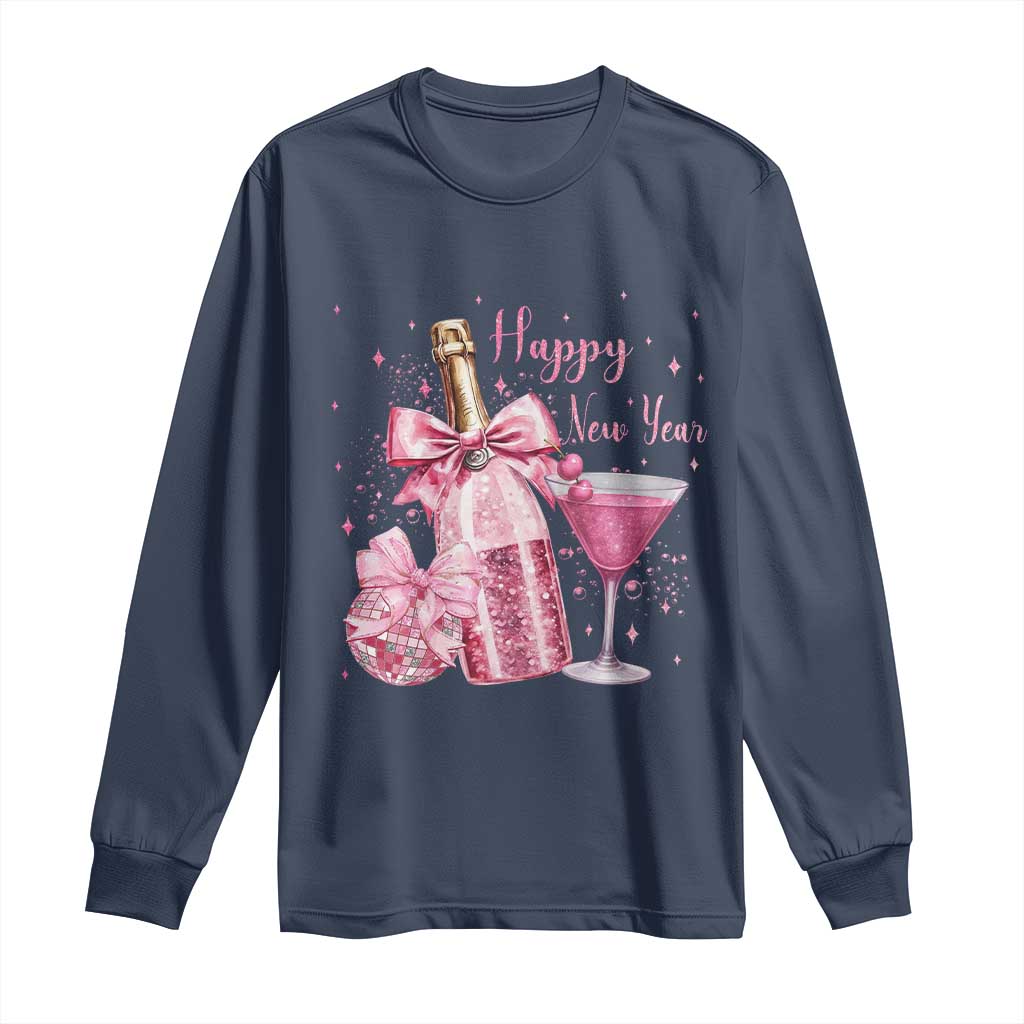 Happy New Year 2026 New Years Eve Party Long Sleeve Shirt Pink Cocktail Disco Ball TS11 Navy Print Your Wear