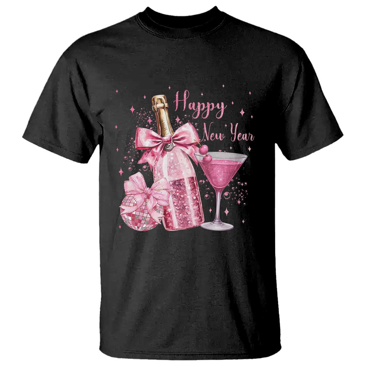 Happy New Year 2026 New Years Eve Party T Shirt Pink Cocktail Disco Ball TS11 Black Print Your Wear