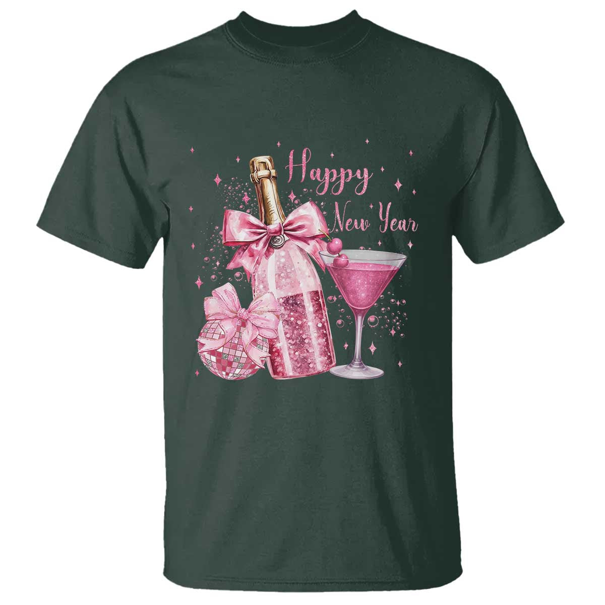 Happy New Year 2026 New Years Eve Party T Shirt Pink Cocktail Disco Ball TS11 Dark Forest Green Print Your Wear