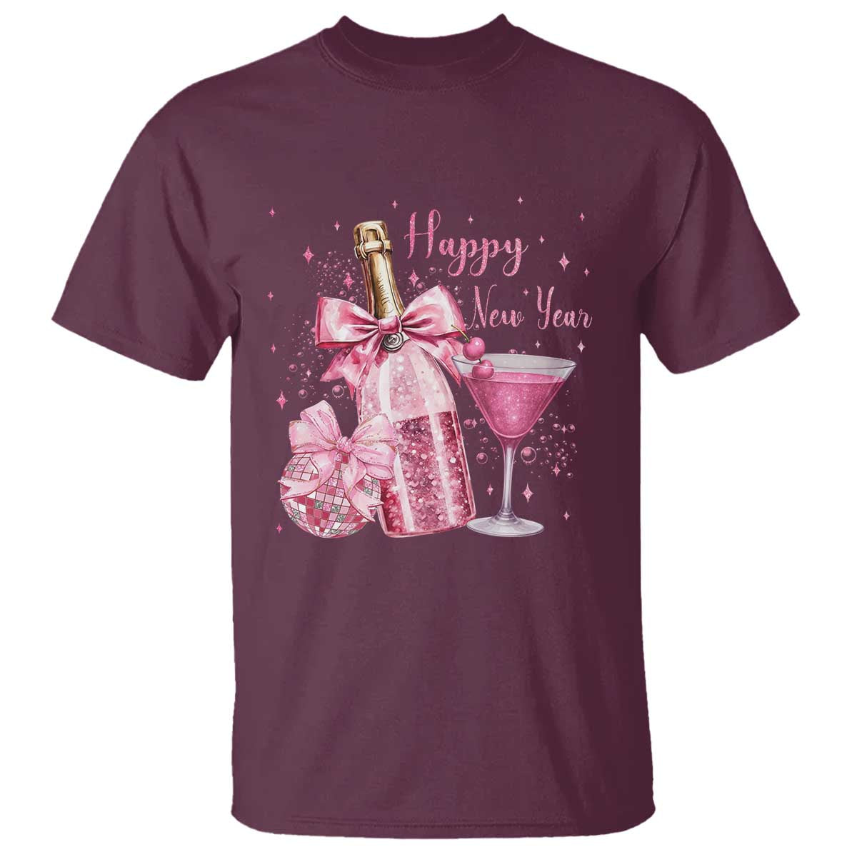 Happy New Year 2026 New Years Eve Party T Shirt Pink Cocktail Disco Ball TS11 Maroon Print Your Wear