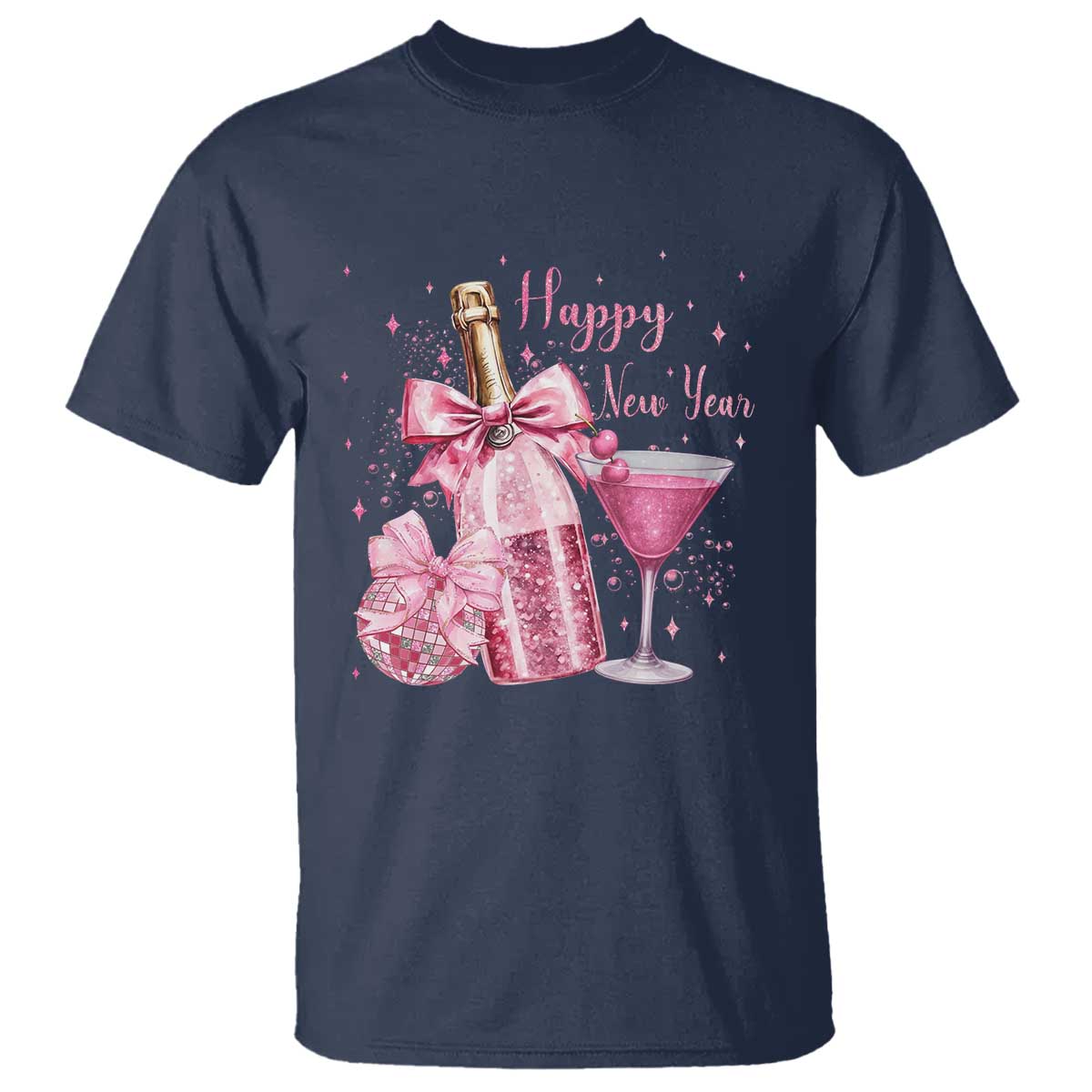 Happy New Year 2026 New Years Eve Party T Shirt Pink Cocktail Disco Ball TS11 Navy Print Your Wear