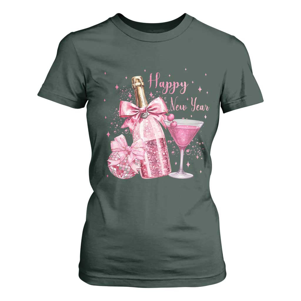 Happy New Year 2026 New Years Eve Party T Shirt For Women Pink Cocktail Disco Ball TS11 Dark Forest Green Print Your Wear