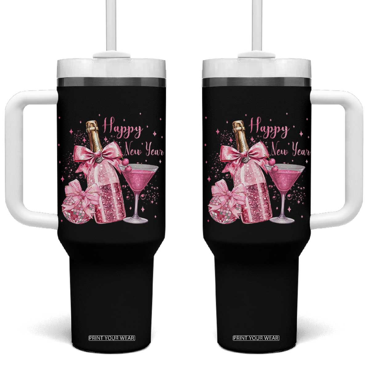 Happy New Year 2026 New Years Eve Party Tumbler With Handle Pink Cocktail Disco Ball TS11 One Size: 40 oz Black Print Your Wear