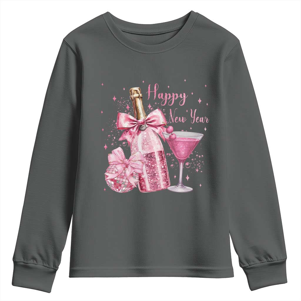 Happy New Year 2026 New Years Eve Party Youth Sweatshirt Pink Cocktail Disco Ball TS11 Dark Heather Print Your Wear
