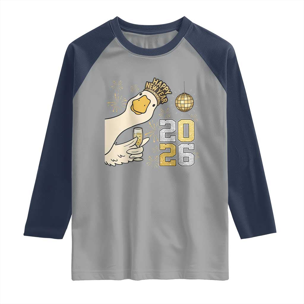 Funny New Years Eve Silly Goose 2026 Raglan Shirt New Year Party TS11 Sport Gray Navy Print Your Wear