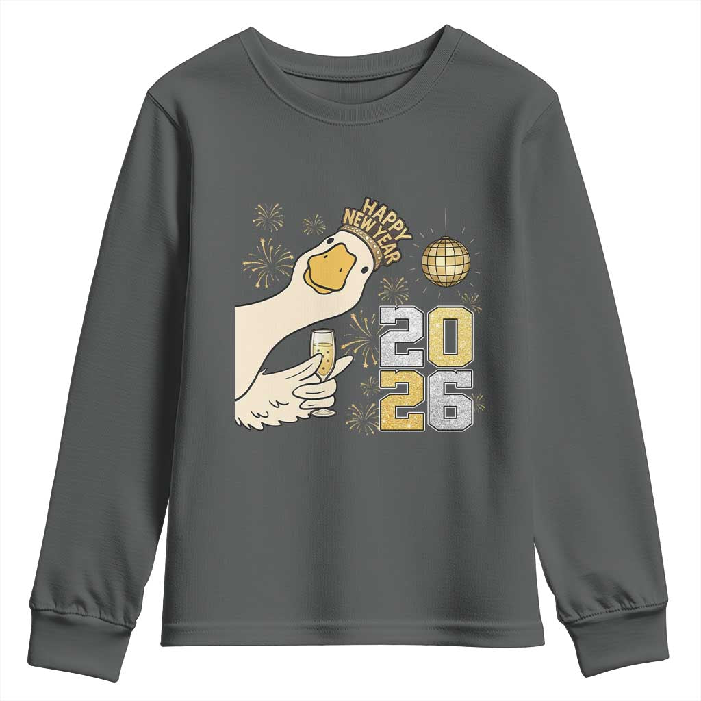 Funny New Years Eve Silly Goose 2026 Youth Sweatshirt New Year Party TS11 Dark Heather Print Your Wear